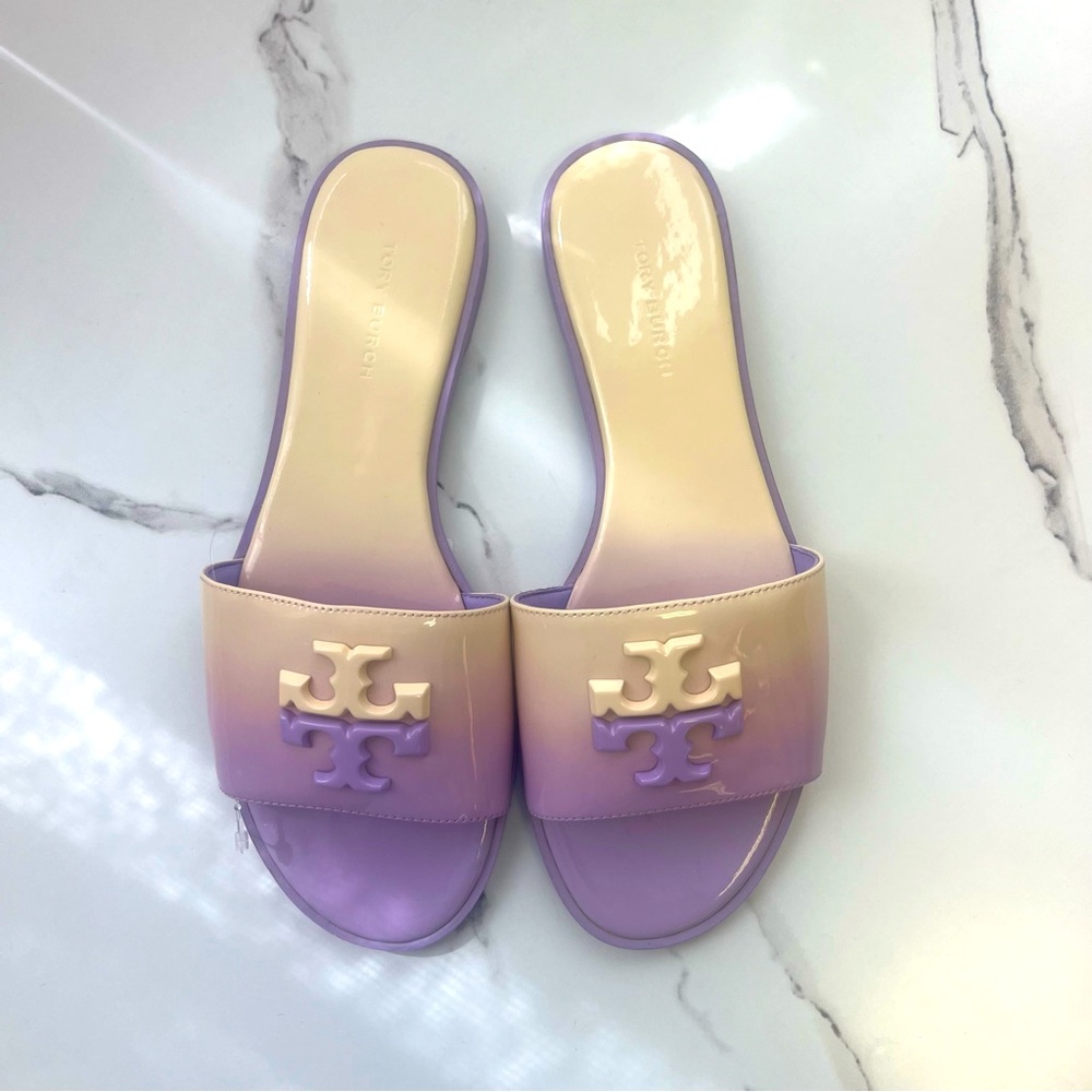 Tory Burch Everly Slide Patent Leather 2 Tone pastel lavender & Tan flats